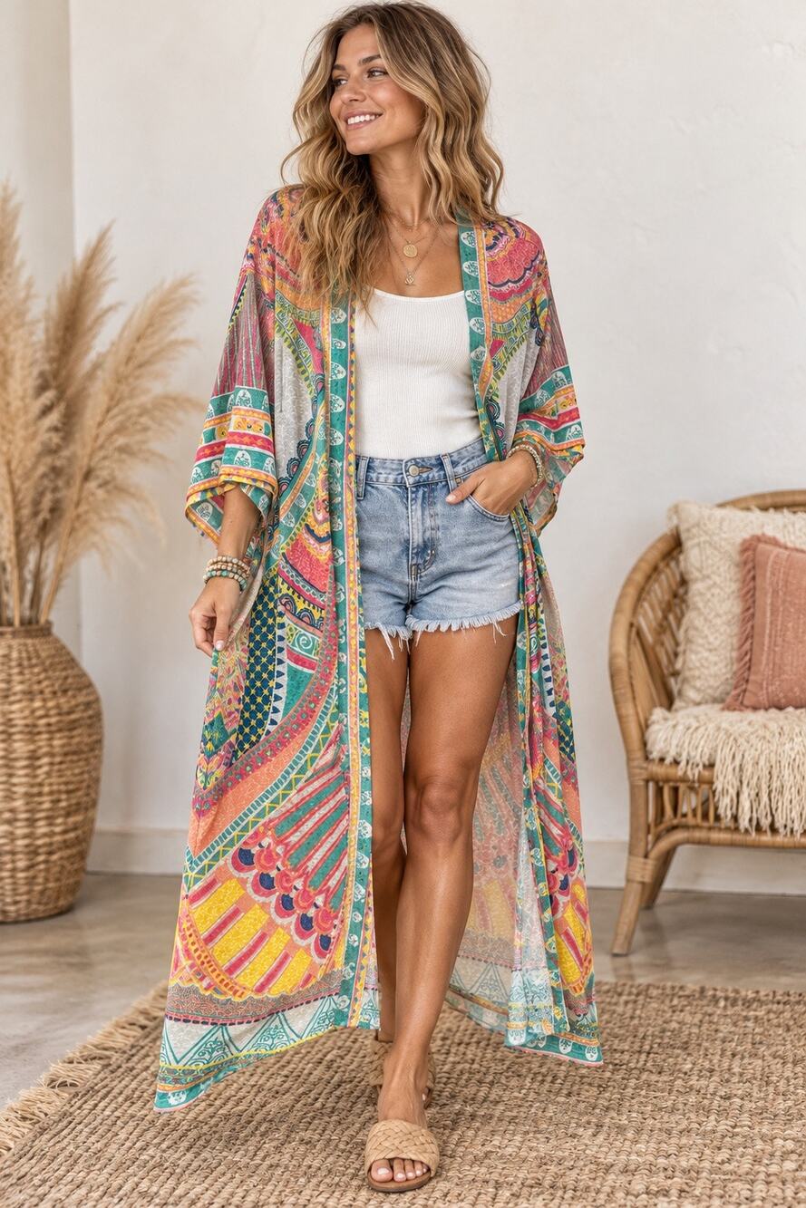 Flying Tomato Boho Paisley Long Kimono Duster Cardigan Small Colorful